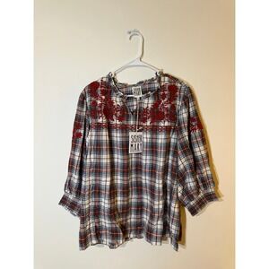 Sister Mary Embroidered Plaid Tunic Blouse Women's Size XL Red Blue White